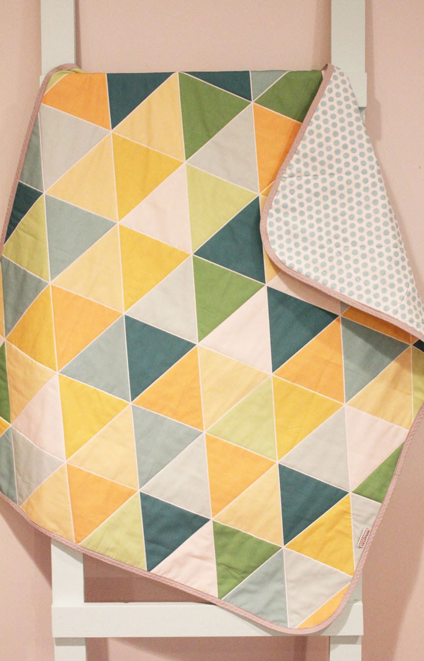 SALE triangle baby GEOMETRIC quilt blanket blue PETUNIAS crib
