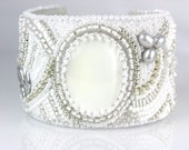 Beaded Jewelry Bead Embroidery White Bracelet Cuff Mother of Pearl