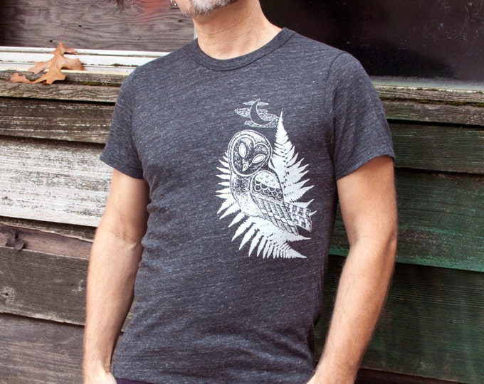 Graphic Tee Men, Printed Men Tee, Bird Shirt, Mens Bird Tshirt, Tri Blend, Mens Owl Shirt, Owl Tshirt, For Mens Shirt, Organic Mens Shirt