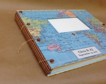 Travel Scrapbook Album for Photos and Mementos Personalized with choice of map, names, dates - Gift for Travelers or Honeymoon - Expandable