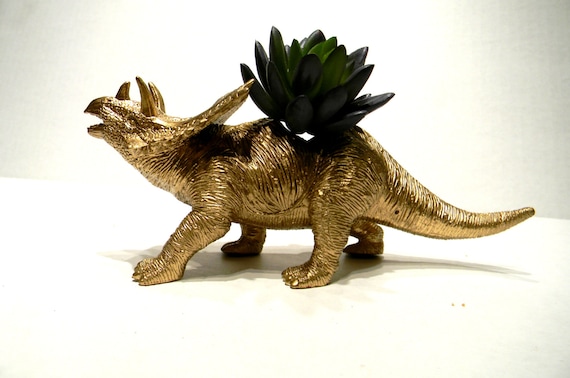 Dinosaur Planter Painted Gold for Succulent Plants and Small Cacti