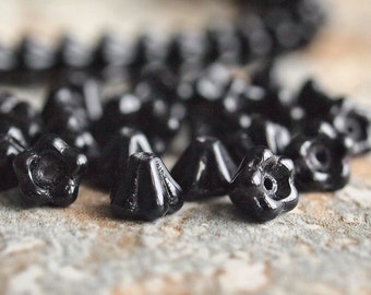 Jet Black Czech Glass Bead 4x6mm Baby Bell Flowers : 30 pc