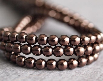 Czech Glass Bead Chocolate Bronze 4mm Round Druk - 100 pc