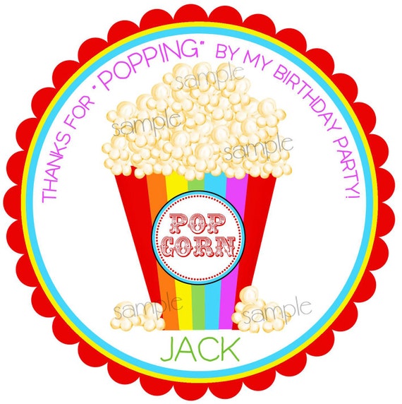 Popcorn stickers, Rainbow Popcorn, Movie night, Circus Party, personalized, labels, favor stickers, birthday,set of 12 Il_570xn