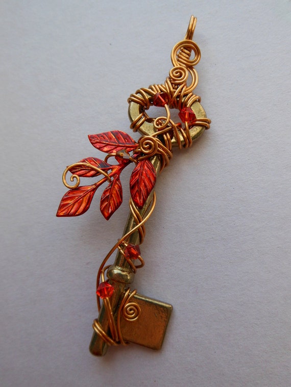 Fire Tree Wire Wrapped Key Pendant -- Flame-red leaves, golden wire, brass key, fire opal and red orange crystals -- sparks and embers