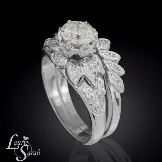 Lotus Flower and Petal Engagement Ring with match Petal Wedding Band LS1497