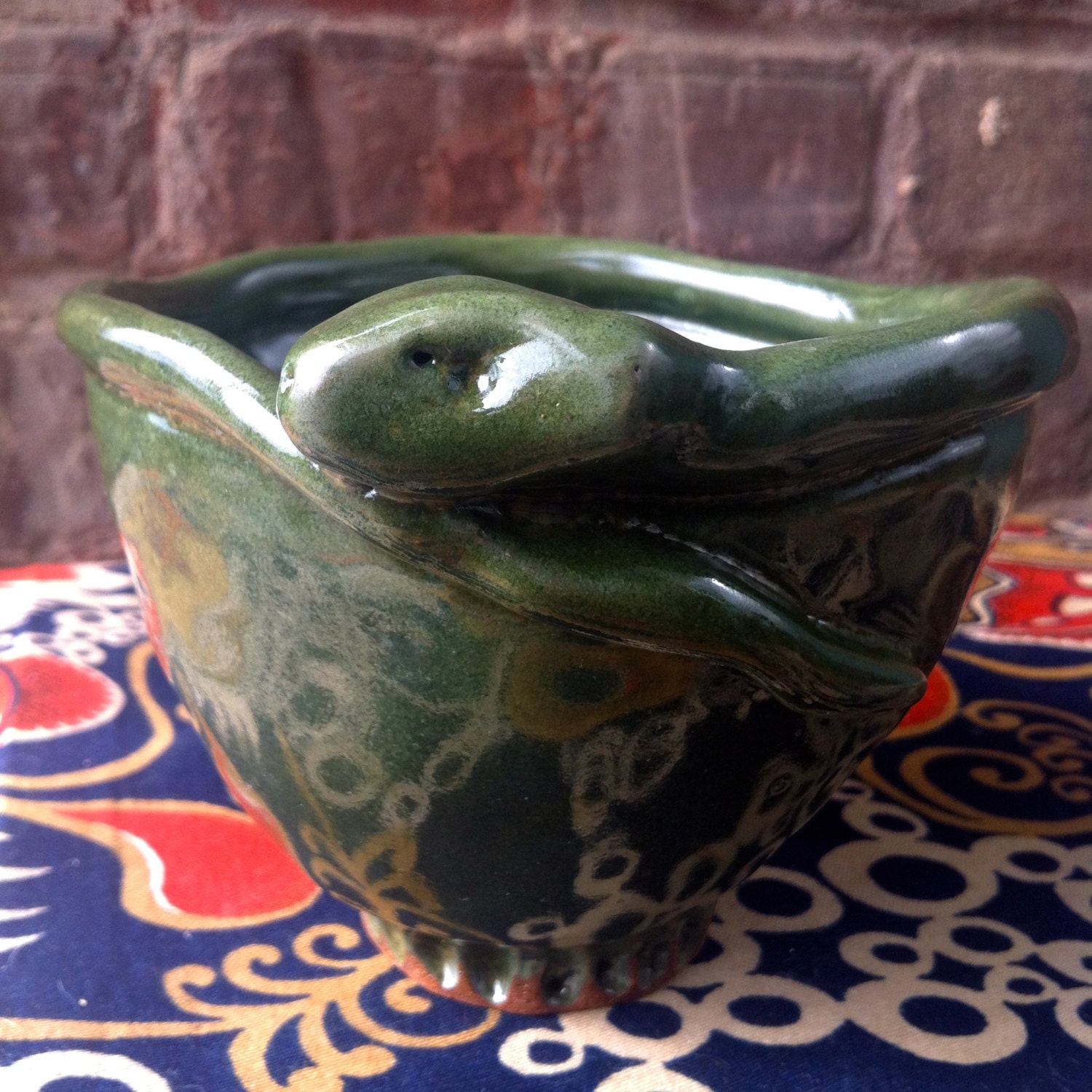 Pottery Snake Bowl Pinch Pot Hand Built Green Glaze by Artreverie