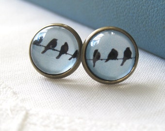 Birds on a Wire Mismatched Antique Brass Post Earrings