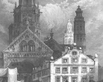 MAYENCE RHINE RIVER Cathedral Proute Costumes 1800s Vintage Art Antique Art Print Steel Plate Engraving [Inv#Mobra 29