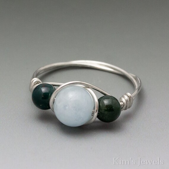 Aquamarine & Bloodstone Sterling Silver Wire Wrapped Ring