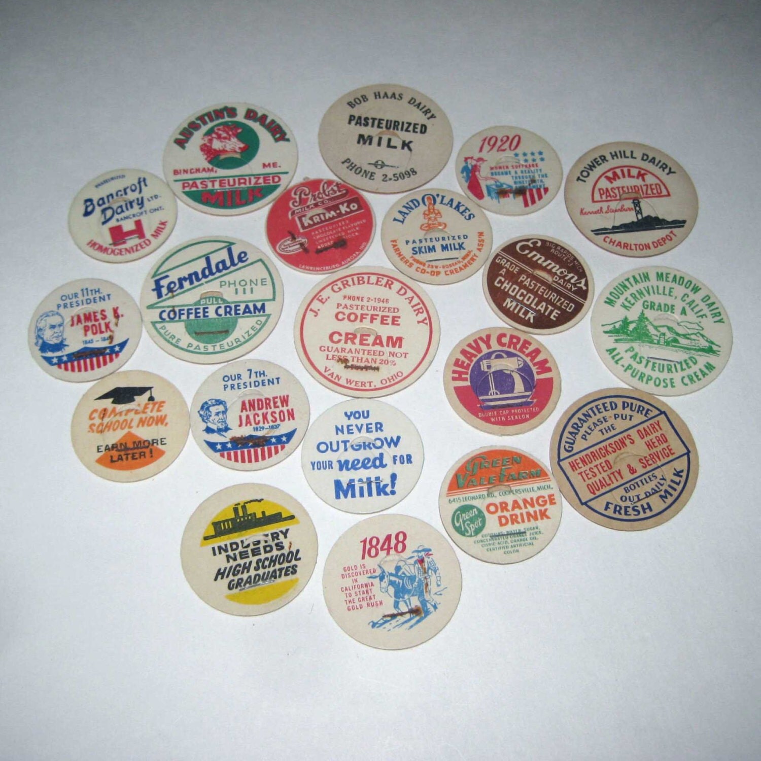 Assorted Vintage Milk Bottle Caps Set of 20 Lot D