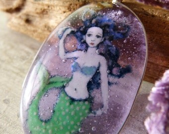 Amazing Mermaid in the water - fused glass pendant - mermaid nekclace