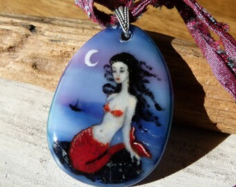 Amazing Mermaid at the moon - fused glass pendant - mermaid nekclace