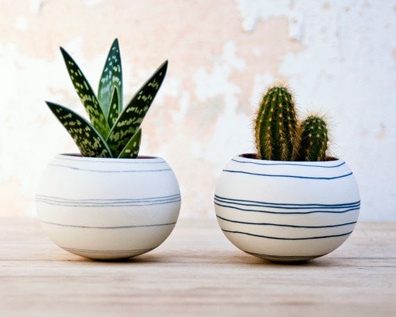 colorful porcelain planter (light gray stripes). Ceramic planter for, cactus, succulent or air plant. Crafted by Wapa Studio.