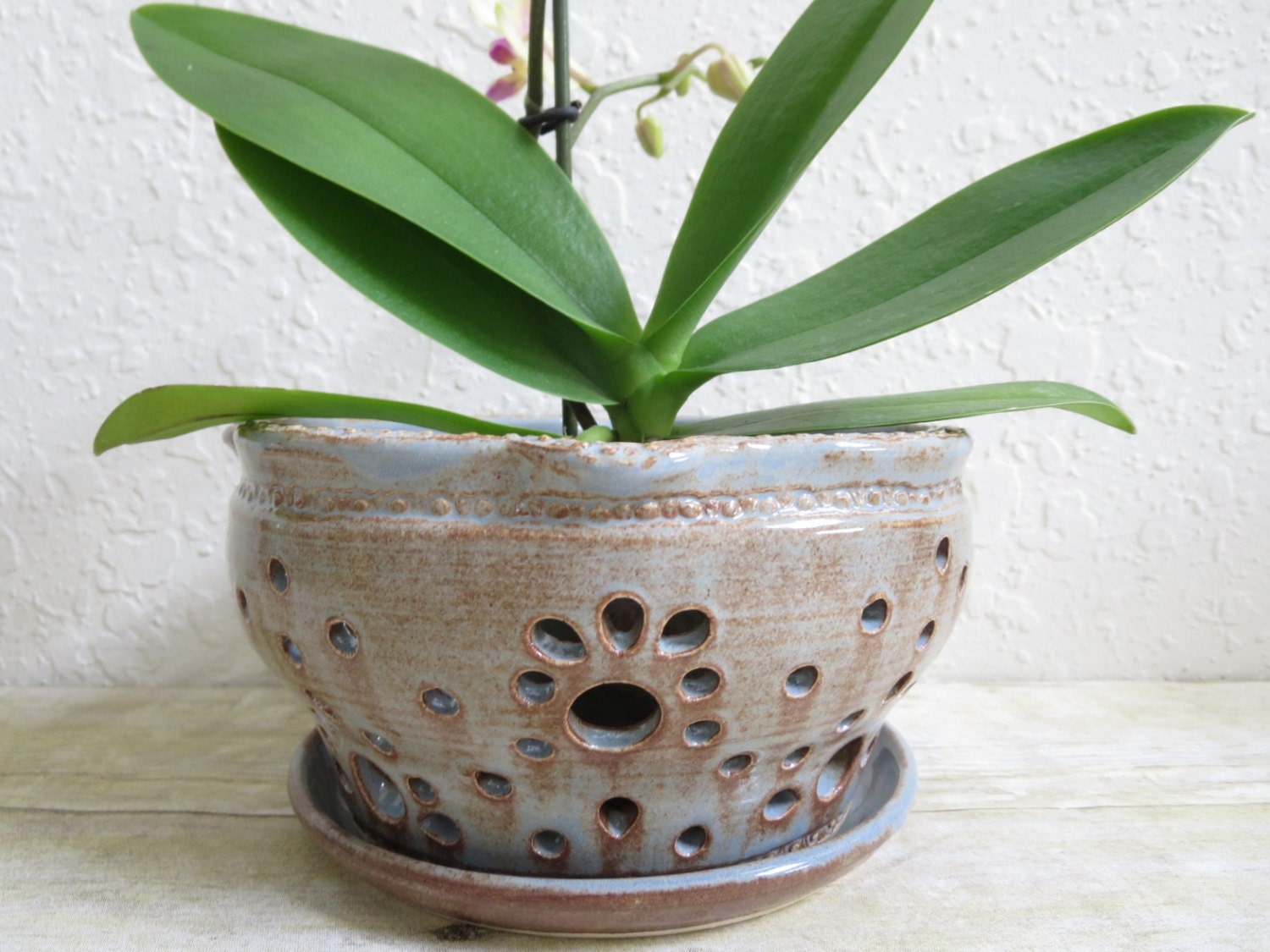  Ceramic  Orchid  Pot  and Saucer Handcrafted Pottery