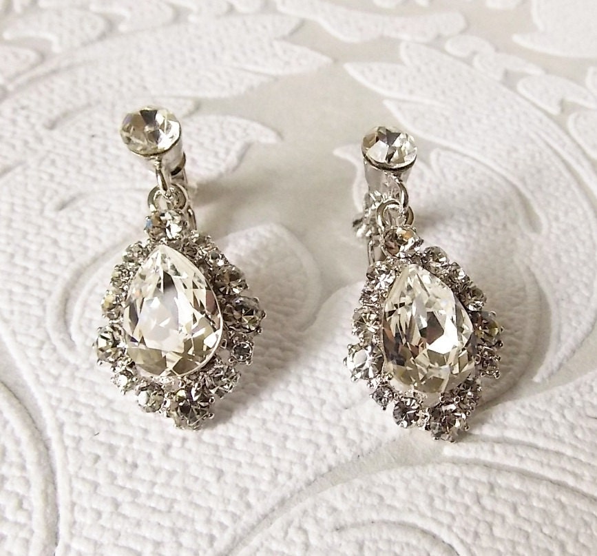 Clear Vintage Style Bridal Clip On Dangle Earrings - Swarovski Crystal ...