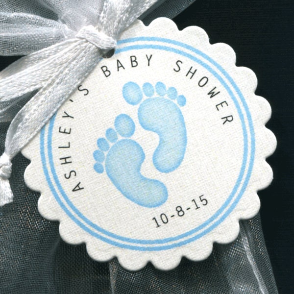 Personalized Baby Boy Baby Shower Favor Tags featuring blue