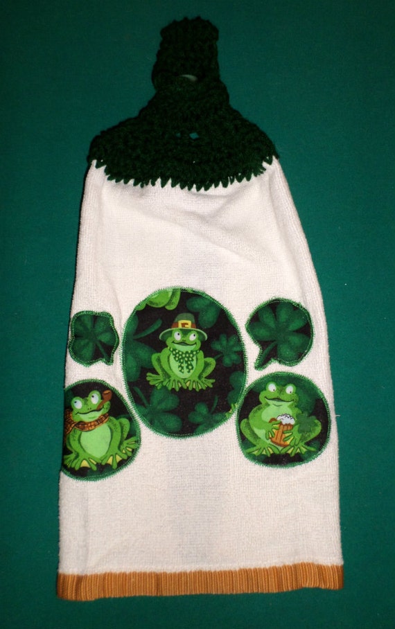 Crochet Top Towel Irish Frogs Hanging Towel Clover Towel