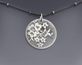 Silver Lace Necklace, simple circle necklace, etched sterling silver necklace,