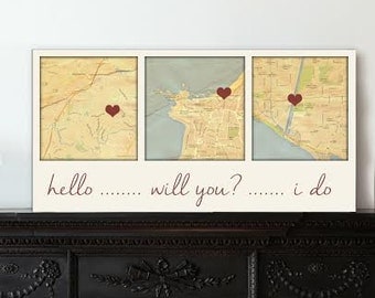 Cotton Anniversary Gift Custom Map Art using Three Locations, map picture heart, couple Geezees Canvas Personalized Wedding 8x16