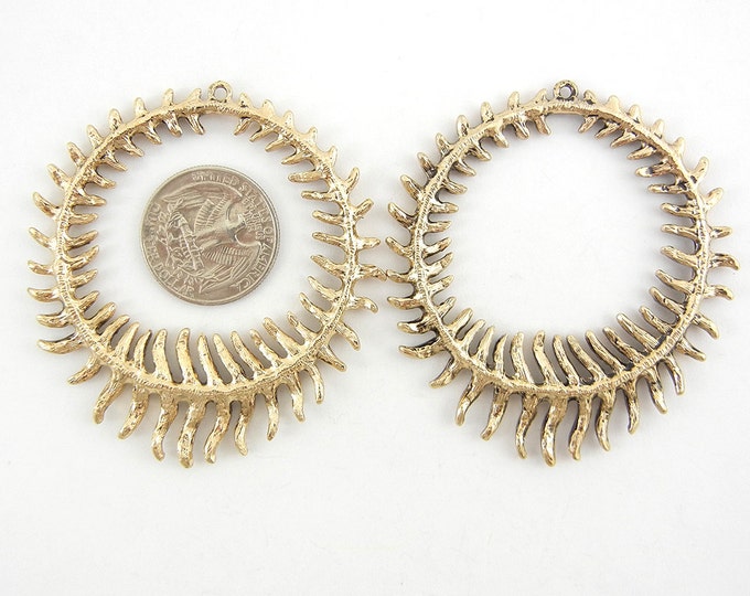 Pair of Tribal Round Drop Charms Feather or Leaf like Burnished Gold-tone