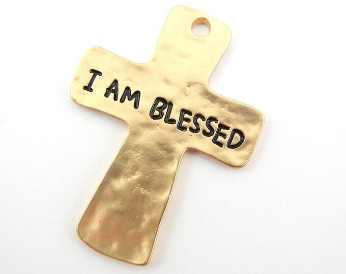 Hammered Gold-tone Cross Charm Pendant saying I am Blessed