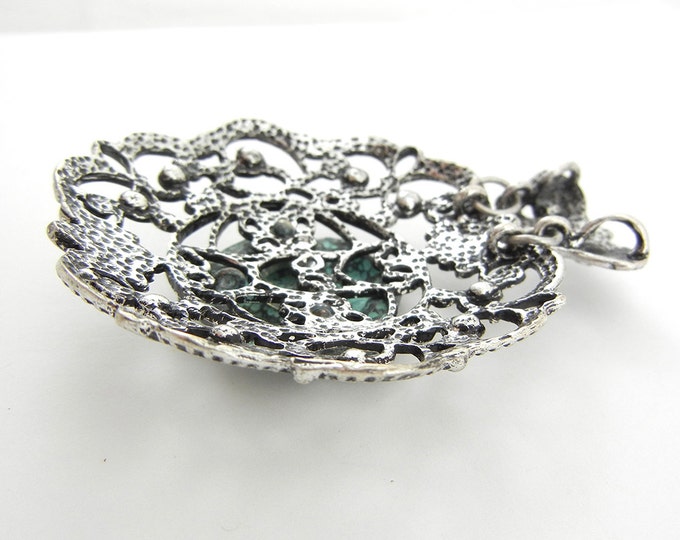 Large Antique Silver-tone Verde Patina Rose Pendant Rhinestones Crown Top