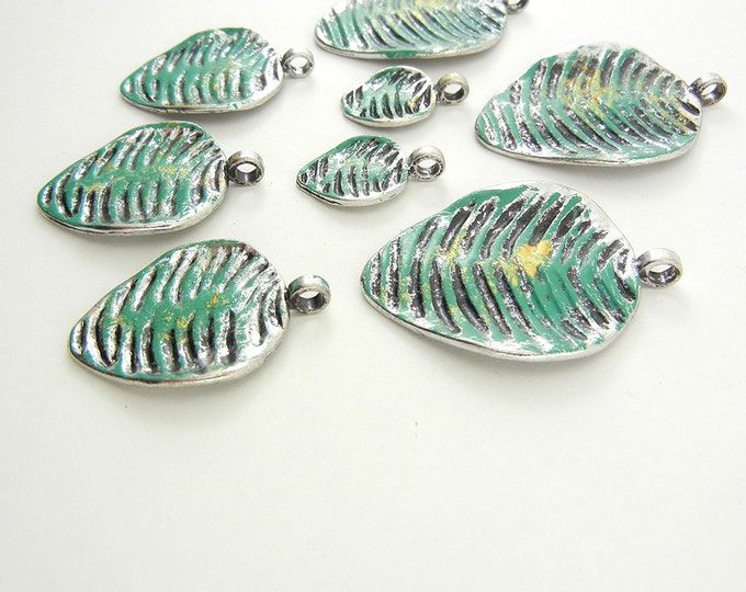 Set of 8 Painted Antique Silver-tone Leaf Charms