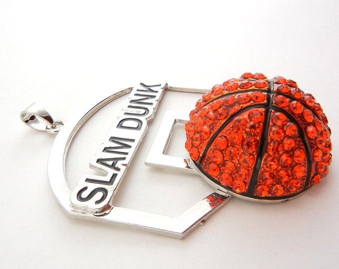 Large Slam Dunk Basketball Pendant Orange Rhinestones