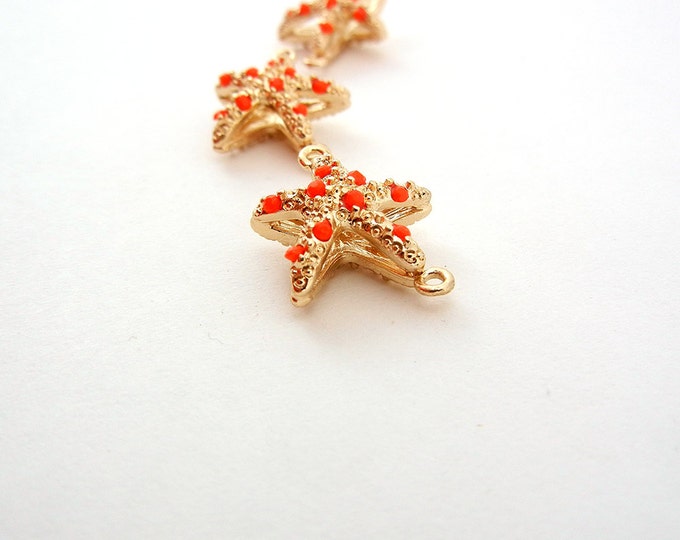 Set of 3 Small Double Link Starfish Charms Gold-tone Coral Acrylic Cabochons