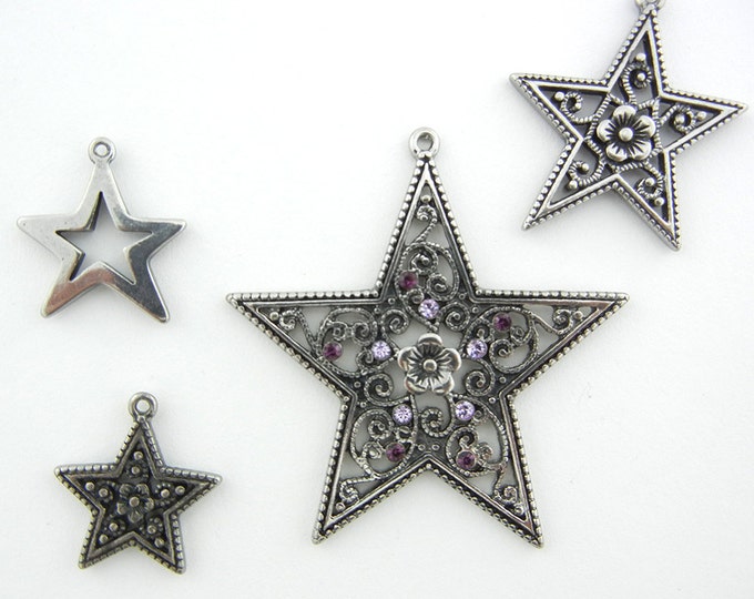 Set of 4 Antique Silver-tone Star Charms