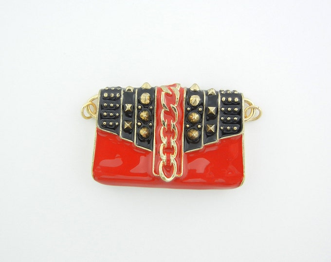 Large Double Link Gold-tone Red Enamel Purse Pendant