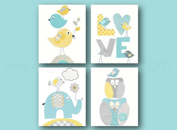 Aqua yellow blue and gray Nursery Art Print nursery art baby nursery kids art love Birds elephant nursery Owls nursery Set of 4 prints by GalerieAnais