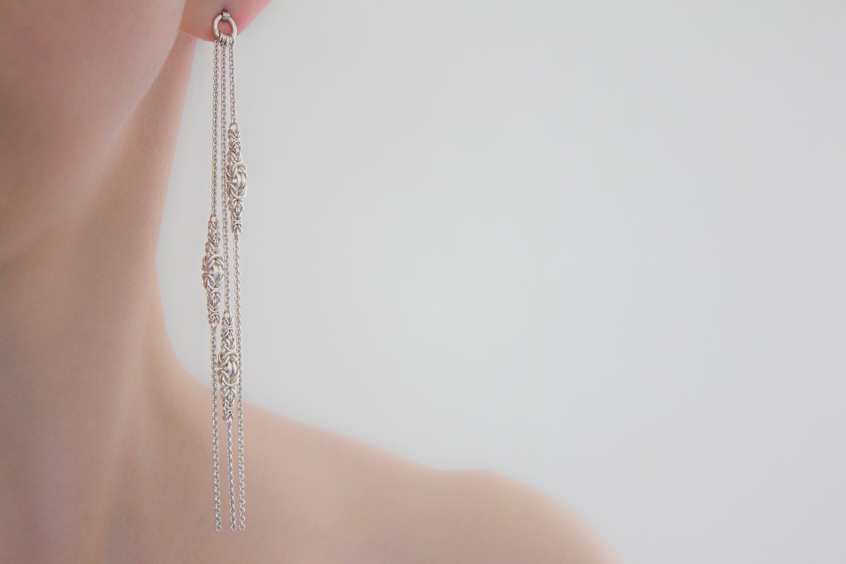Long Silver Post Earrings Elegant Byzantine Chainmaille