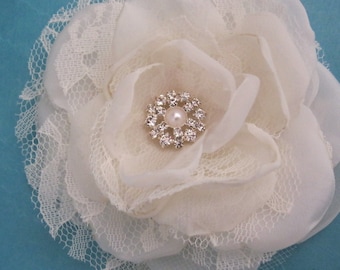 Bridal Hair Flower, Ivory Lace, Organza and Tulle Rose Hair Clip E155, bridal hair accessory