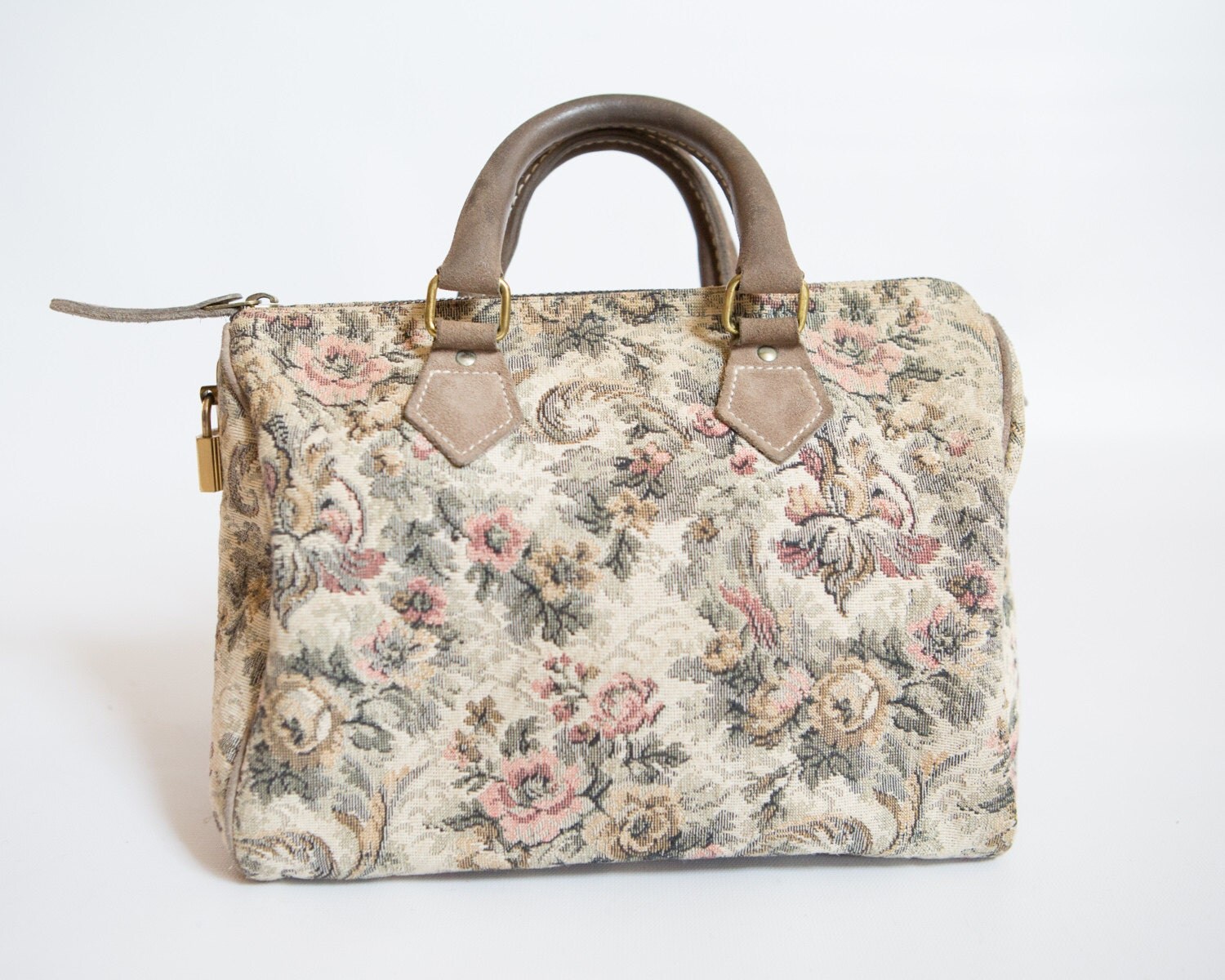 Vintage French Luggage Company Grey Rose Tapestry and Grey