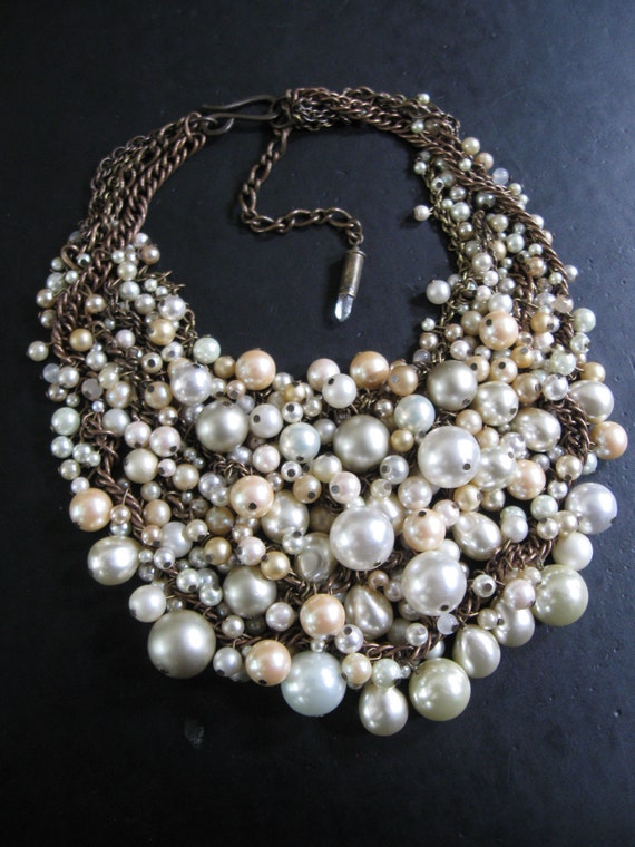 Pearl Bib Statement Necklace Ivory Cream Ecru And Brass