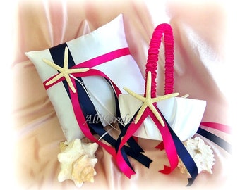 Navy Blue and Fuchsia Pink Starfish Beach Wedding Ring Bearer Pillow and Flower Girl Basket