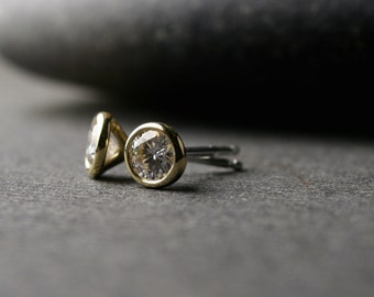 Bezel set 18k yellow gold and round brilliant cut Moissanite stud earrings 4mm .50 carat tw