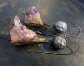 Frail Deeds Dance. Rustic assemblage earrings with raw amethyst and polymer clay art beads. Purple violet.