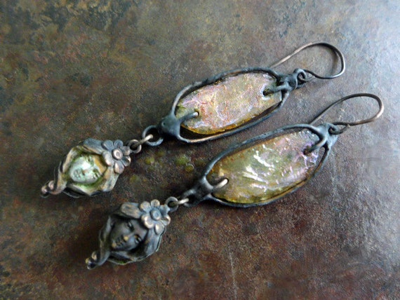 MerMaidens. Victorian Tribal  assemblage earrings with Roman glass.