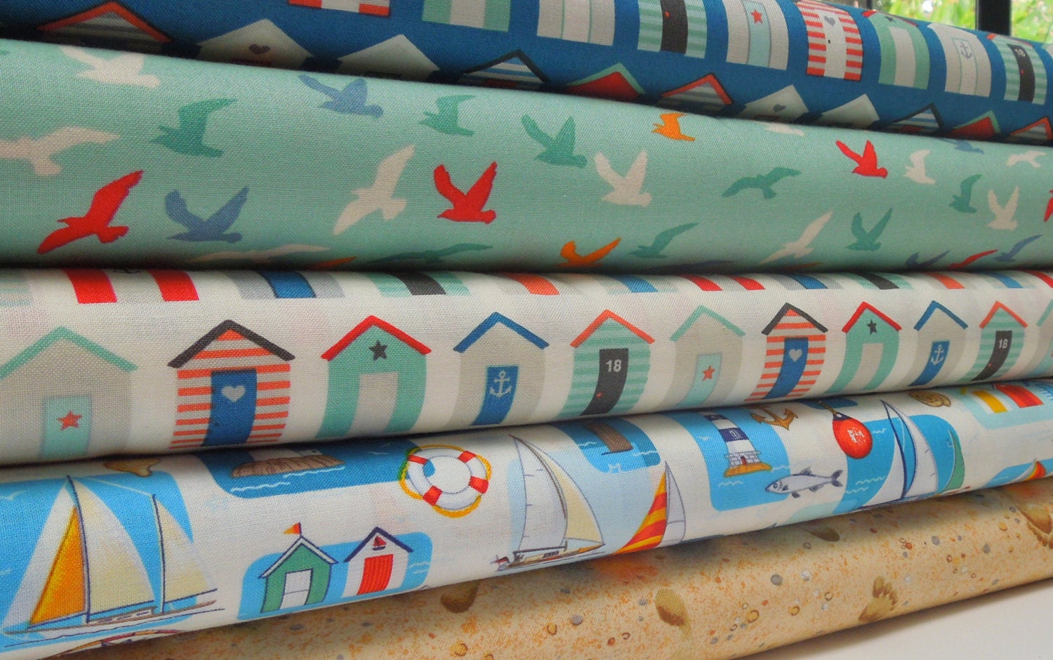 Nautical Seagulls by Makower Nautical Fabric Green Seagulls