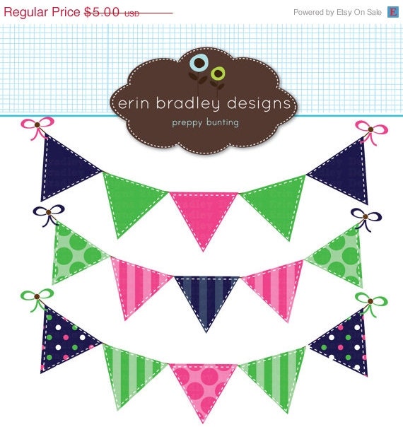 50% OFF SALE Preppy Bunting Clipart Commercial Use Blue Green and Pink Banner Flags Clip Art Graphics Il_570xn