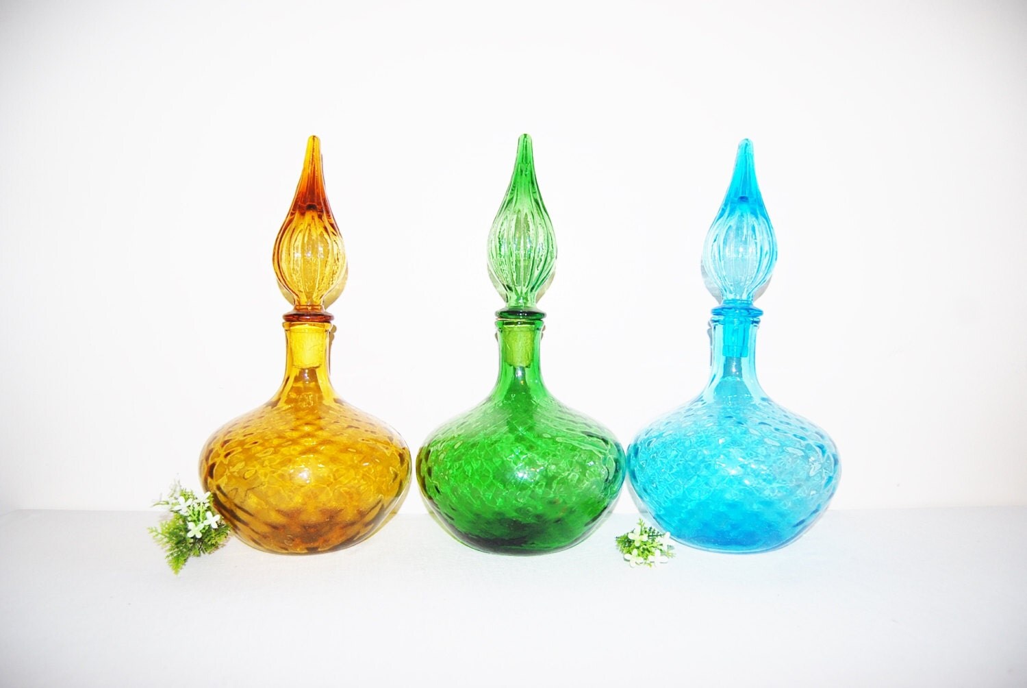 Sale………Vintage Bottle Collection Genie Decanters Set of Three Haute Juice