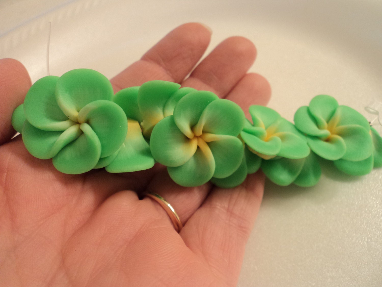 SALE Handmade Polymer Clay Flower Green with yellow center