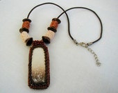 Rustic Brown&Beige Bead Embroidered Tile Pendant Necklace~Unisex Necklace~Boho Necklace~Pendant Necklace~Chunky Necklace~Fall Necklace