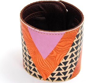 Leather cuff / wallet wristband - Woodgrain and Triangles
