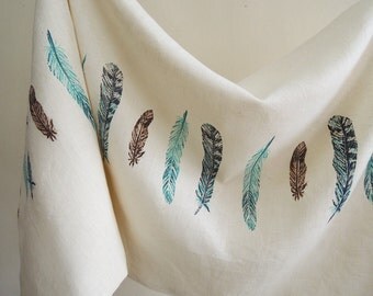 Wild Bird Feathers cream linen body hand block printed home decor decorative pillow cover 20x54