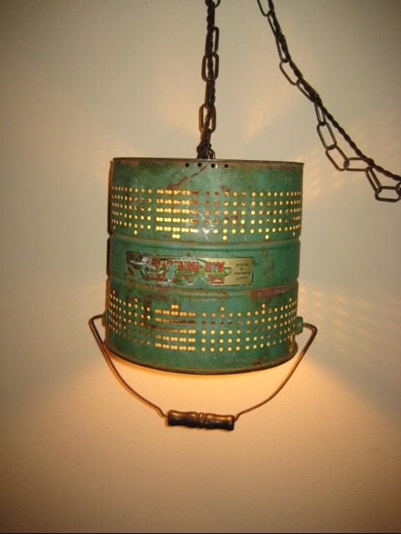 Upcycled Repurposed Green Fishing Minnow Bucket hanging light