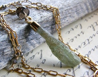 Extra Long Green Kyanite Necklace, Gemstone Blade Pendant, Gold Layering Necklace